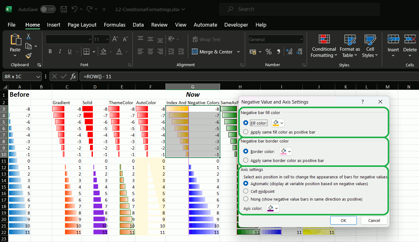 Conditional formatting - databars (with settings)