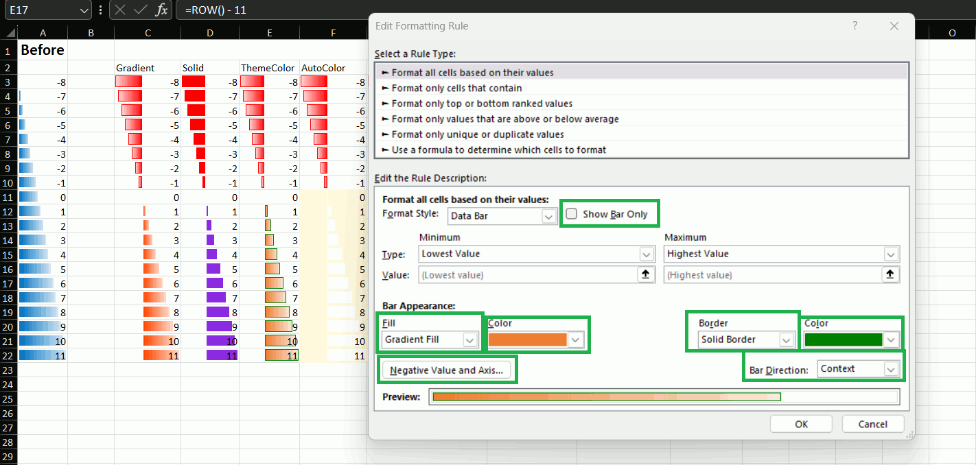 Conditional formatting - Negative value and axis